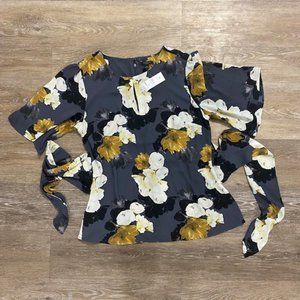 NWT Ann Taylor Factory Floral Charcoal Gray Blouse Tie Waist
